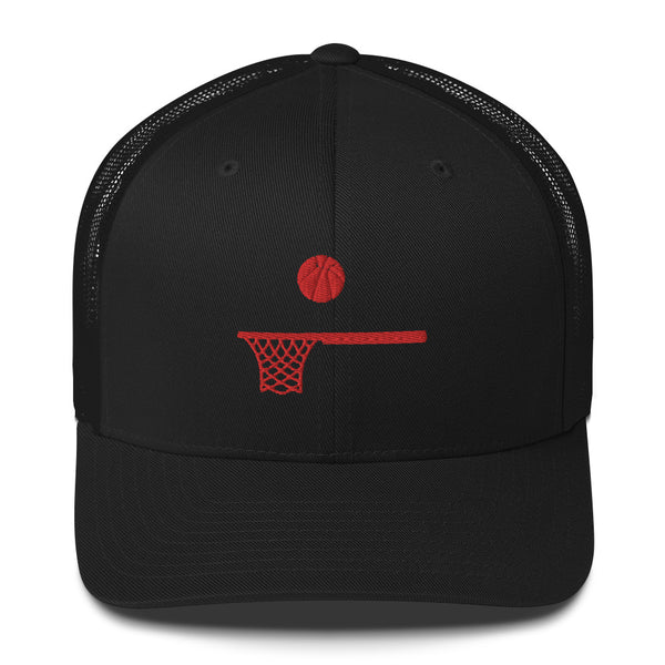 Embroidered Red Ball and Hoop Trucker Cap