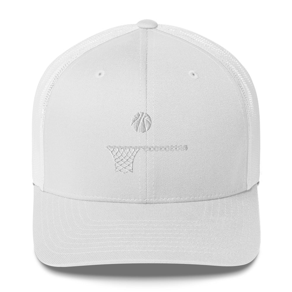 Embroidered White Ball and Hoop Trucker Cap